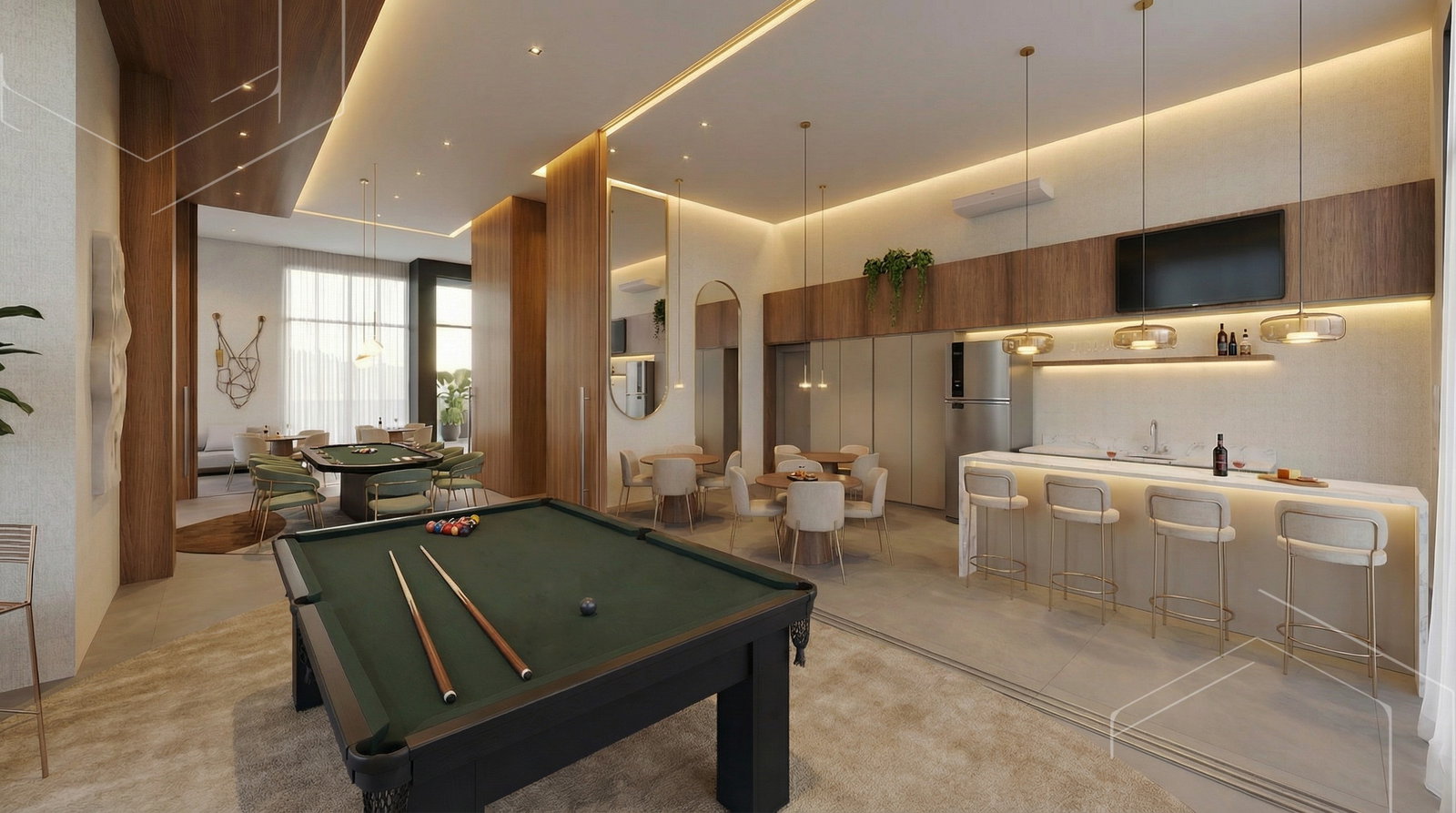 Sala de jogos com sinuca e mesa de poker do West Line
