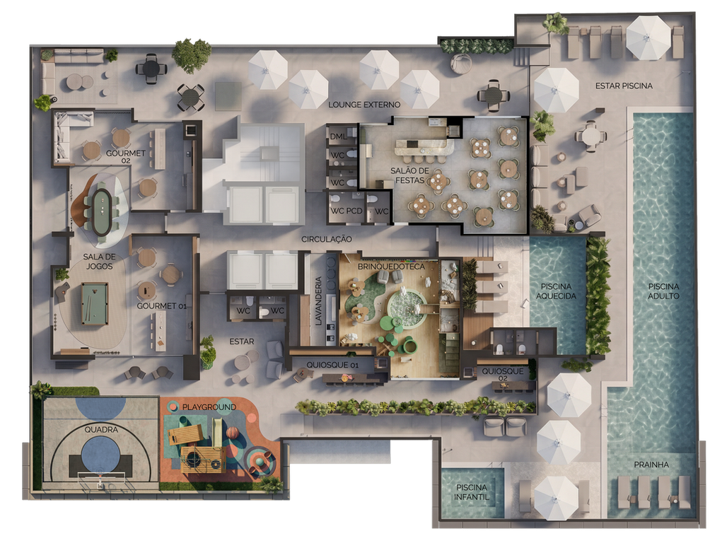 Planta do 1º pavimento de lazer do West Line, com piscinas, salão de festas, gourmet, quadra e playground