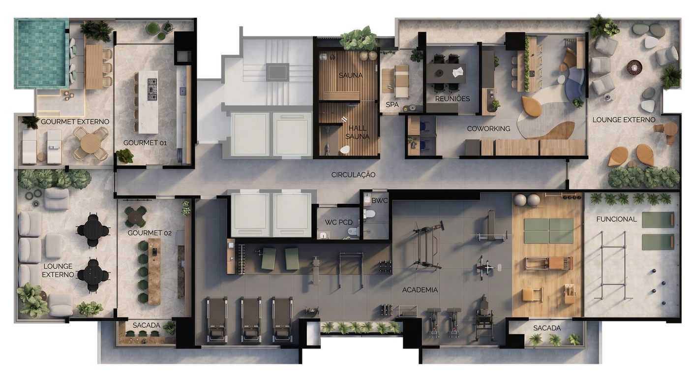 Planta do 2º pavimento de lazer do West Line, com coworking, sala de reuniões, academia, spa e sauna