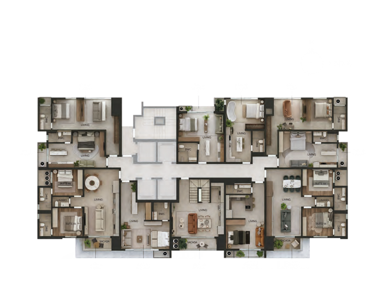 Planta baixa do pavimento tipo do West Line, com studios, 1+1 e 2 suítes