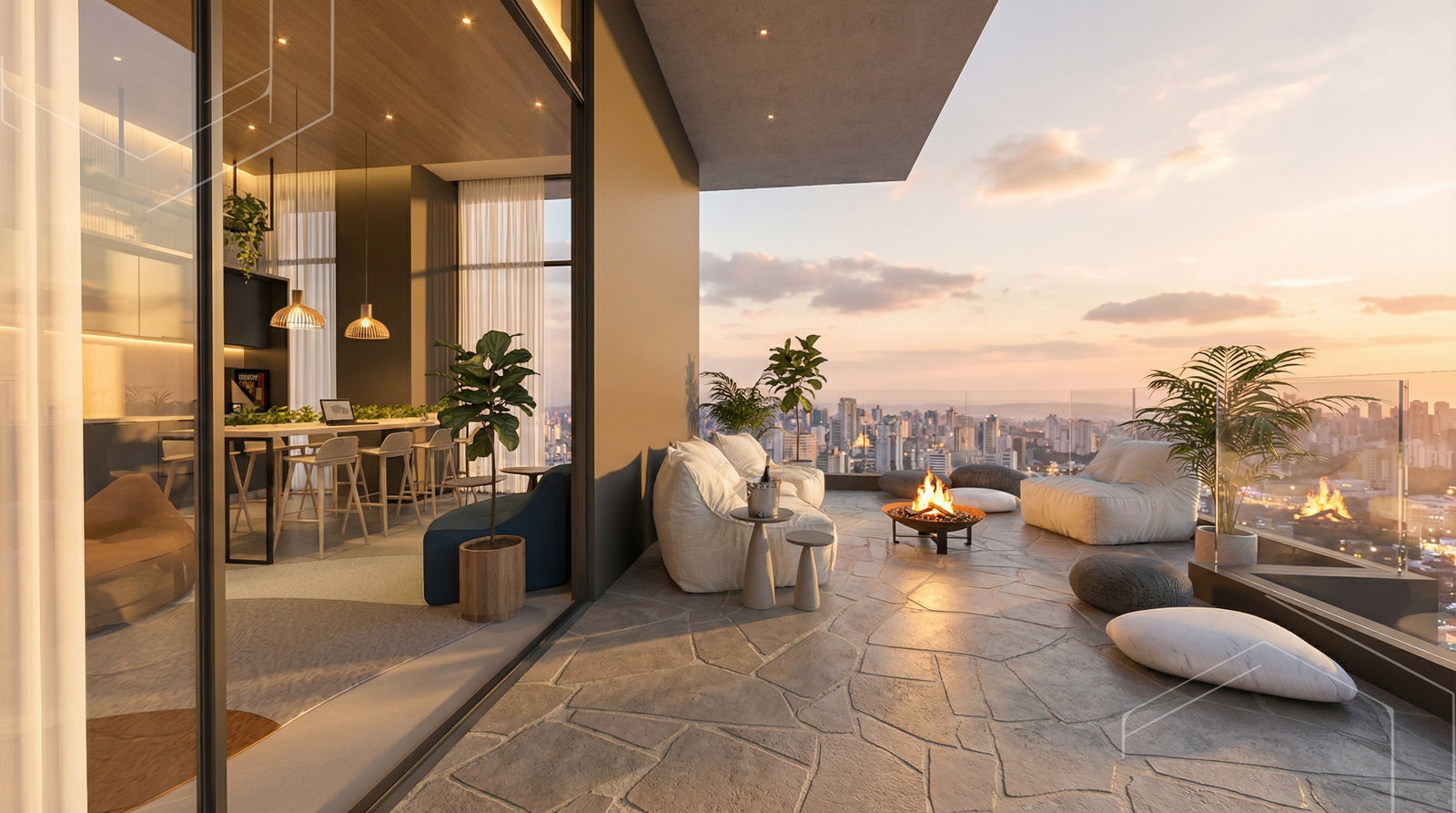 Rooftop com lounge e lareira do West Line ao pôr do sol
