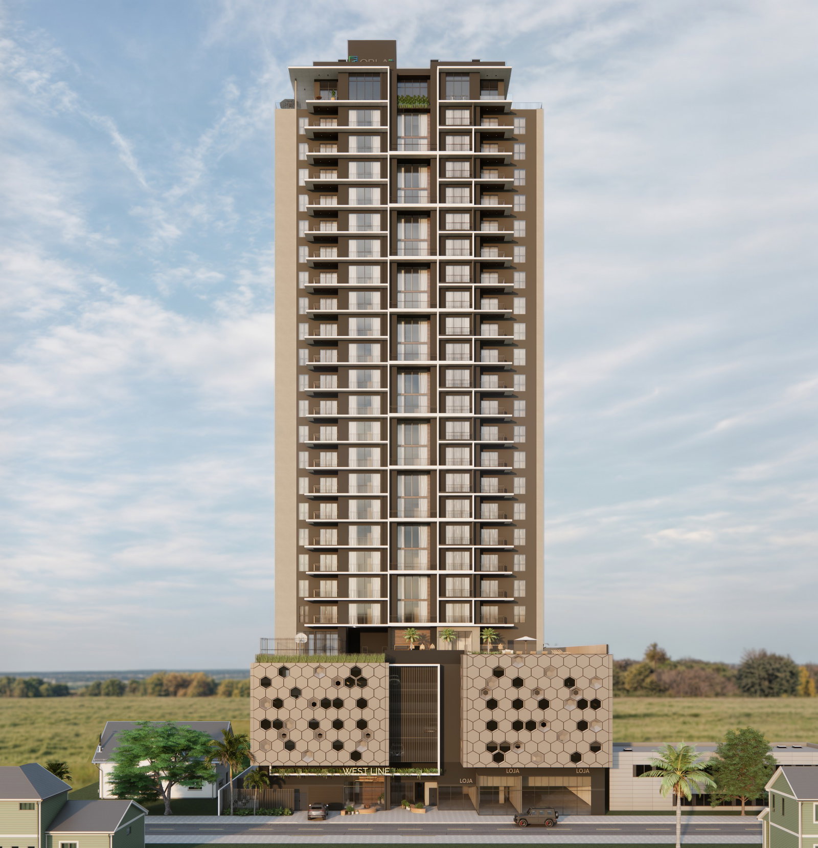 Fachada completa do West Line, torre residencial em Itajaí